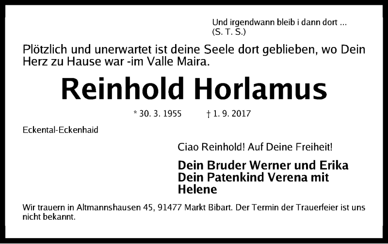  Traueranzeige für Reinhold Horlamus vom 09.09.2017 aus Gesamtausgabe Nürnberger Nachrichten/ Nürnberger Ztg.