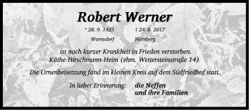 Traueranzeige von Robert Werner von Gesamtausgabe Nürnberger Nachrichten/ Nürnberger Ztg.