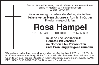 Traueranzeige von Rosa Hampel von Gesamtausgabe Nürnberger Nachrichten/ Nürnberger Ztg.