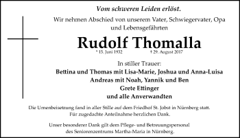 Traueranzeige von Rudolf Thomalla von Gesamtausgabe Nürnberger Nachrichten/ Nürnberger Ztg.