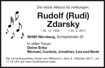 Traueranzeige von Rudolf Zdarsky von Gesamtausgabe Nürnberger Nachrichten/ Nürnberger Ztg.