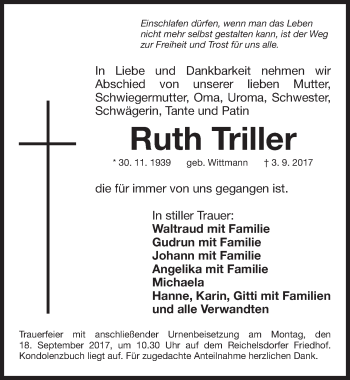 Traueranzeige von Ruth Triller von Gesamtausgabe Nürnberger Nachrichten/ Nürnberger Ztg.