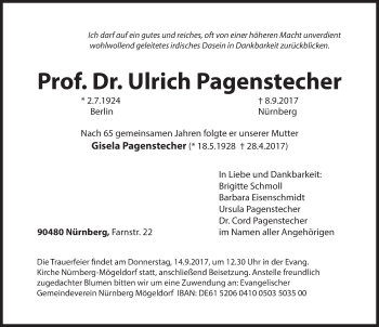 Traueranzeige von Ulrich  Pagenstecher von Gesamtausgabe Nürnberger Nachrichten/ Nürnberger Ztg.