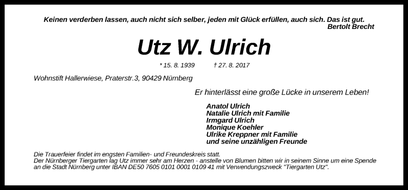  Traueranzeige für Utz W. Ulrich vom 02.09.2017 aus Gesamtausgabe Nürnberger Nachrichten/ Nürnberger Ztg.