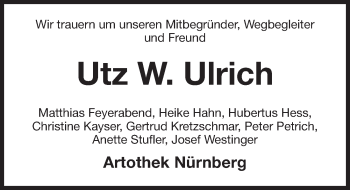 Traueranzeige von Utz W. Ulrich von Gesamtausgabe Nürnberger Nachrichten/ Nürnberger Ztg.