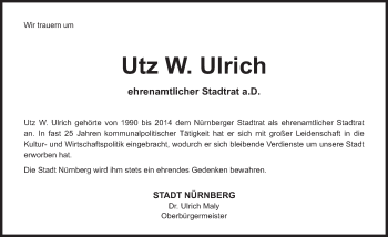 Traueranzeige von Utz W. Ulrich von Gesamtausgabe Nürnberger Nachrichten/ Nürnberger Ztg.