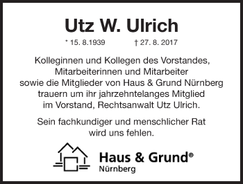 Traueranzeige von Utz W. Ulrich von Gesamtausgabe Nürnberger Nachrichten/ Nürnberger Ztg.