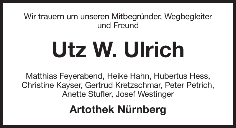  Traueranzeige für Utz W. Ulrich vom 05.09.2017 aus Gesamtausgabe Nürnberger Nachrichten/ Nürnberger Ztg.