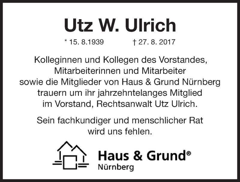 Traueranzeige für Utz W. Ulrich vom 06.09.2017 aus Gesamtausgabe Nürnberger Nachrichten/ Nürnberger Ztg.