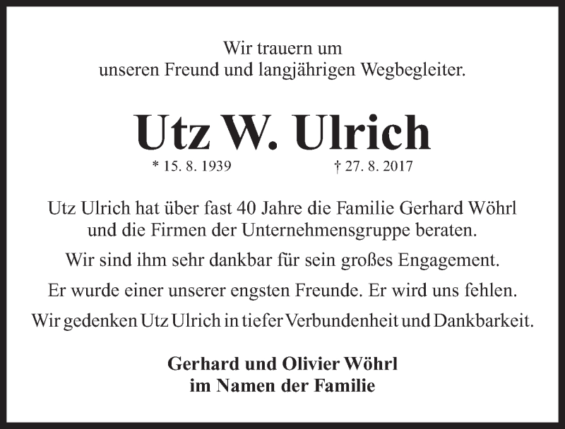  Traueranzeige für Utz W. Ulrich vom 02.09.2017 aus Gesamtausgabe Nürnberger Nachrichten/ Nürnberger Ztg.