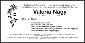 Traueranzeige von Valeria Nagy von Gesamtausgabe Nürnberger Nachrichten/ Nürnberger Ztg.