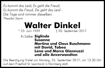 Traueranzeige von Walter Dinkel von Gesamtausgabe Nürnberger Nachrichten/ Nürnberger Ztg.