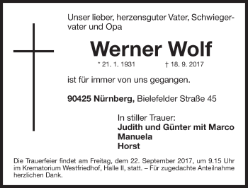 Traueranzeige von Werner Wolf von Gesamtausgabe Nürnberger Nachrichten/ Nürnberger Ztg.