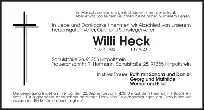  Traueranzeige für Willi Heck vom 21.09.2017 aus Gesamtausgabe Nürnberger Nachrichten/ Nürnberger Ztg.