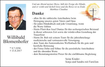Traueranzeige von Willibald Blomenhofer von Neumarkter Nachrichten Lokal