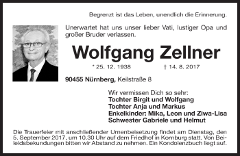 Traueranzeige von Wolfgang Zellner von Gesamtausgabe Nürnberger Nachrichten/ Nürnberger Ztg.