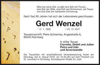 Traueranzeige von Gerd Wenzel von Gesamtausgabe Nürnberger Nachrichten/ Nürnberger Ztg.