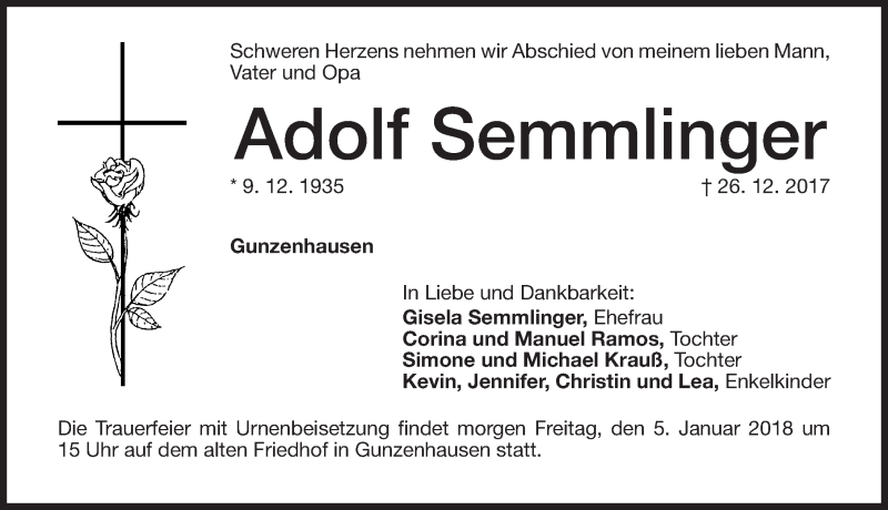  Traueranzeige für Adolf Semmlinger vom 04.01.2018 aus Altmühl-Bote Lokal