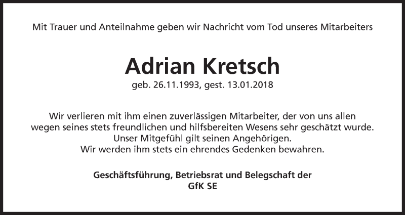  Traueranzeige für Adrian Kretsch vom 20.01.2018 aus Gesamtausgabe Nürnberger Nachrichten/ Nürnberger Ztg.