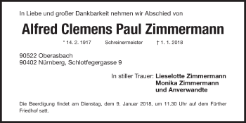Traueranzeige von Alfred Clemens Paul Zimmermann von Fürther Nachrichten Lokal