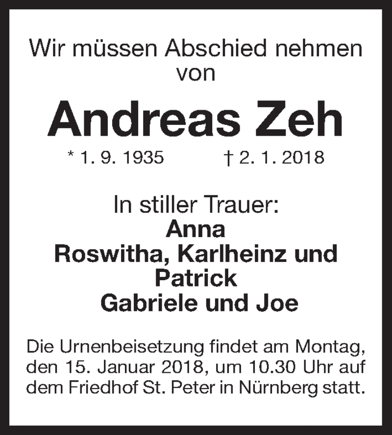  Traueranzeige für Andreas Zeh vom 12.01.2018 aus Gesamtausgabe Nürnberger Nachrichten/ Nürnberger Ztg.