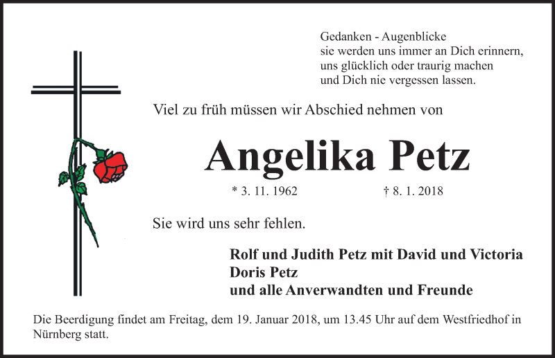  Traueranzeige für Angelika Petz vom 16.01.2018 aus Gesamtausgabe Nürnberger Nachrichten/ Nürnberger Ztg.