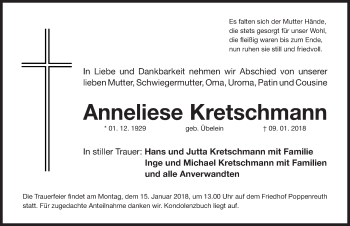 Traueranzeige von Anneliese Kretschmann von Gesamtausgabe Nürnberger Nachrichten/ Nürnberger Ztg.