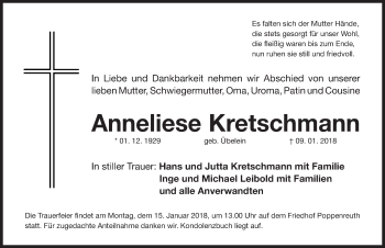 Traueranzeige von Anneliese Kretschmann von Gesamtausgabe Nürnberger Nachrichten/ Nürnberger Ztg.