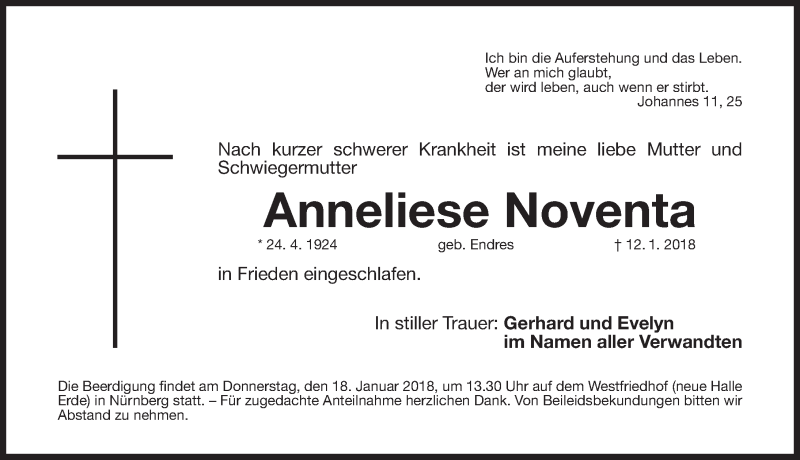  Traueranzeige für Anneliese Noventa vom 16.01.2018 aus Gesamtausgabe Nürnberger Nachrichten/ Nürnberger Ztg.