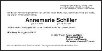 Traueranzeige von Annemarie Schiller von Gesamtausgabe Nürnberger Nachrichten/ Nürnberger Ztg.
