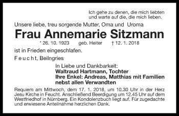 Traueranzeige von Annemarie Sitzmann von Gesamtausgabe Nürnberger Nachrichten/ Nürnberger Ztg.