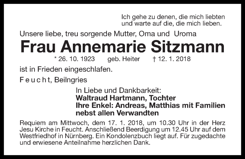  Traueranzeige für Annemarie Sitzmann vom 15.01.2018 aus Gesamtausgabe Nürnberger Nachrichten/ Nürnberger Ztg.