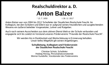 Traueranzeige von Toni Balzer von Gesamtausgabe Nürnberger Nachrichten/ Nürnberger Ztg.