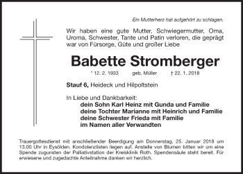 Traueranzeige von Babette Stromberger von Roth-Hilpoltsteiner Volkszeitung Lokal