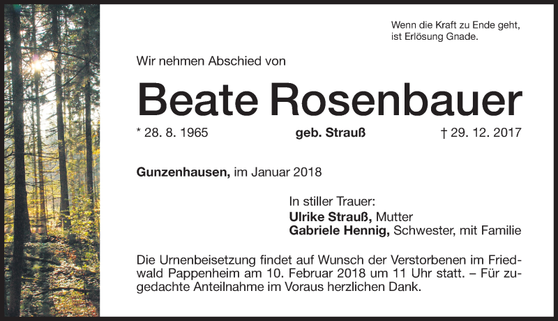 Traueranzeige für Beate Rosenbauer vom 27.01.2018 aus Altmühl-Bote Lokal