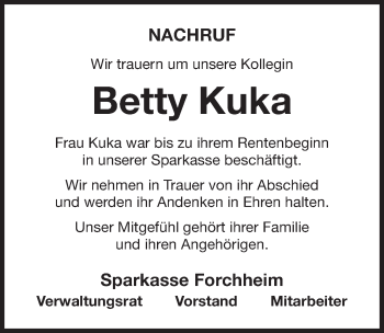 Traueranzeige von Betty Kuka von Nordbayerische Nachrichten Forchheim Lokal