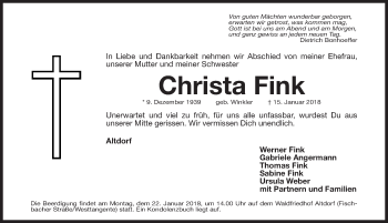 Traueranzeige von Christa Fink von Gesamtausgabe Nürnberger Nachrichten/ Nürnberger Ztg.