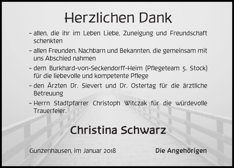  Traueranzeige für Christina Schwarz vom 05.01.2018 aus Altmühl-Bote Lokal