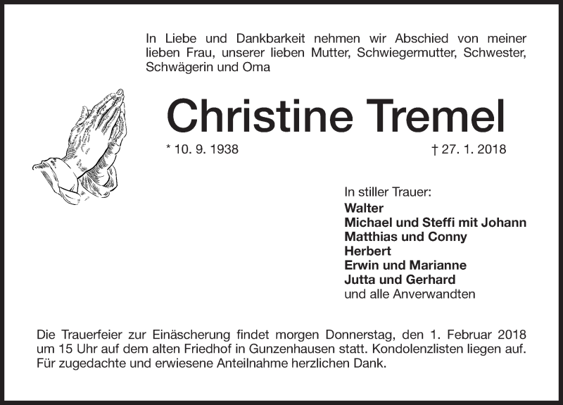  Traueranzeige für Christine Tremel vom 31.01.2018 aus Altmühl-Bote Lokal