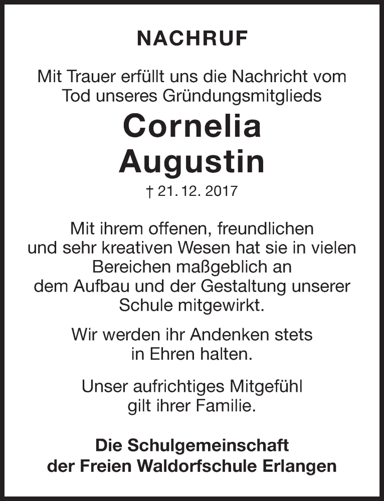  Traueranzeige für Cornelia Augustin vom 11.01.2018 aus Gesamtausgabe Nürnberger Nachrichten/ Nürnberger Ztg.