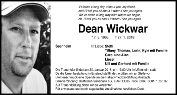 Traueranzeige von Dean Wickwar von Fürther Nachrichten Lokal