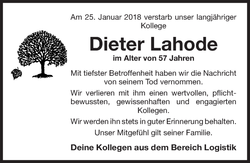  Traueranzeige für Dieter Lahode vom 31.01.2018 aus Nordbayerische Nachrichten Pegnitz Lokal