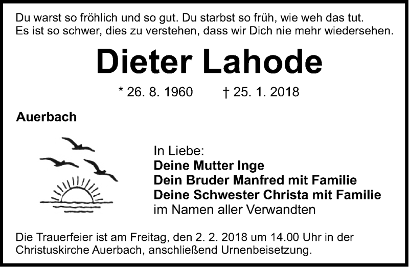  Traueranzeige für Dieter Lahode vom 27.01.2018 aus Nordbayerische Nachrichten Pegnitz Lokal