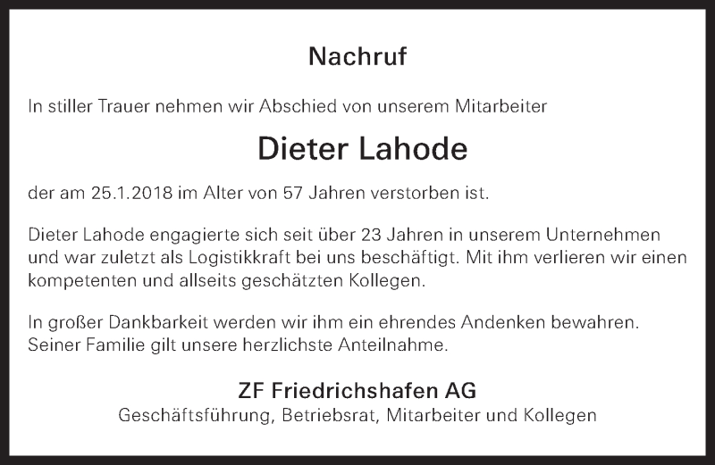  Traueranzeige für Dieter Lahode vom 31.01.2018 aus Nordbayerische Nachrichten Pegnitz Lokal