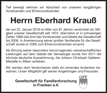 Traueranzeige von Eberhard Krauß von Gesamtausgabe Nürnberger Nachrichten/ Nürnberger Ztg.