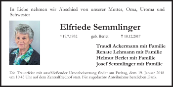 Traueranzeige von Elfriede Semmlinger von Erlanger Nachrichten Lokal