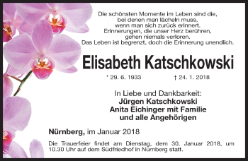 Traueranzeige von Elisabeth Katschkowski von Gesamtausgabe Nürnberger Nachrichten/ Nürnberger Ztg.