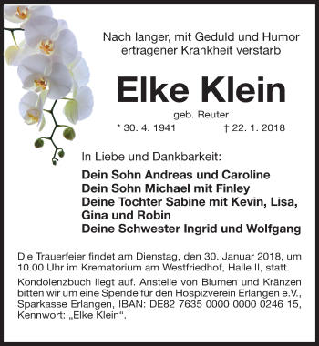 Traueranzeige von Elke Klein von Gesamtausgabe Nürnberger Nachrichten/ Nürnberger Ztg.