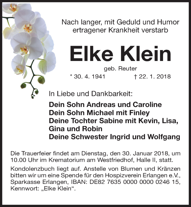  Traueranzeige für Elke Klein vom 27.01.2018 aus Gesamtausgabe Nürnberger Nachrichten/ Nürnberger Ztg.