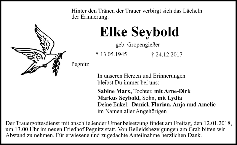 Traueranzeige für Elke Seybold vom 10.01.2018 aus Nordbayerische Nachrichten Pegnitz Lokal